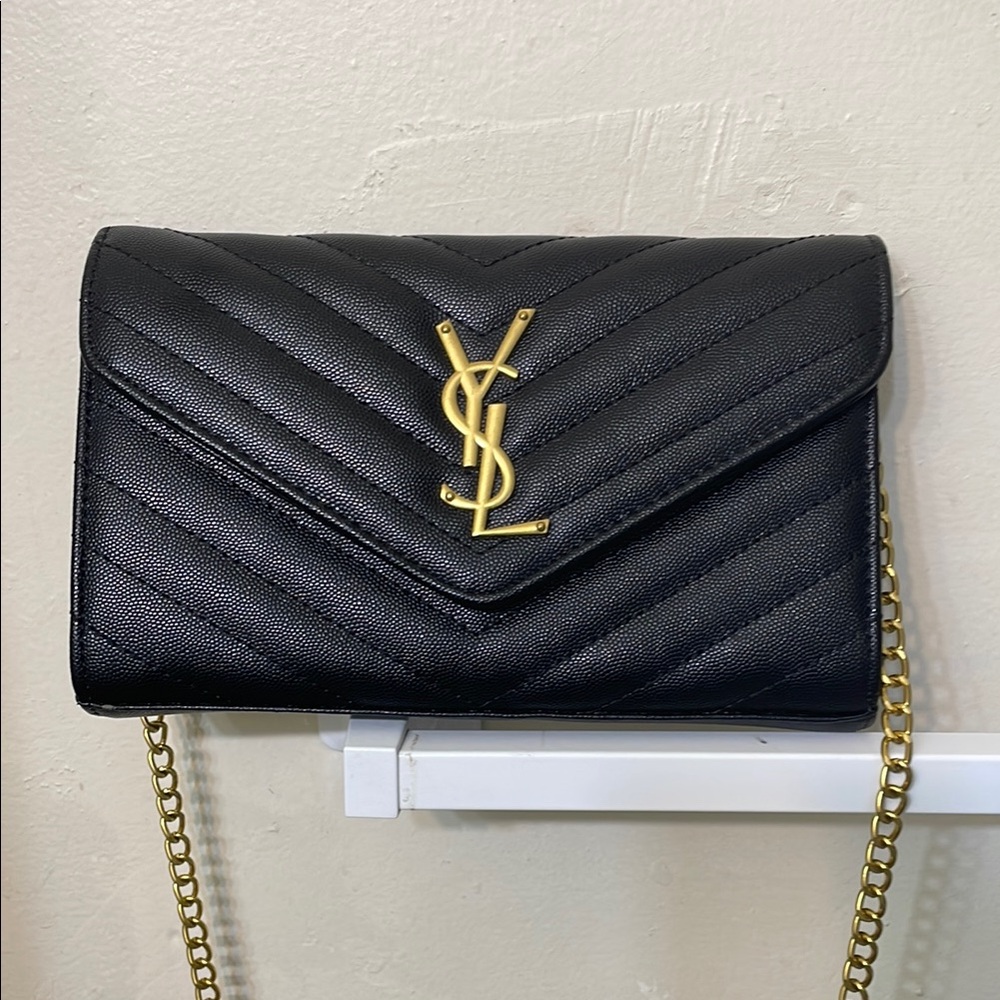 Yves Saint Laurent Black and Gold Chevron Quilted Clutch